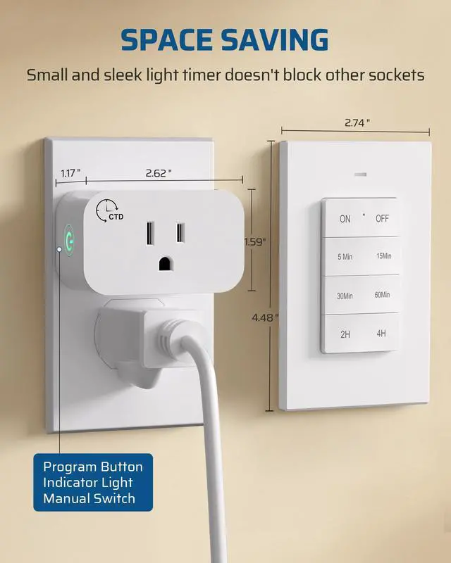 Alt view image 7 of 7 - Indoor Outlet Timer with Remote, 100FT Remote Control Outlet with 5/15/30/60Min & 2/4Hrs Countdown, 15A/1875W Light Timer for Lamps, Fans, Household Appliance