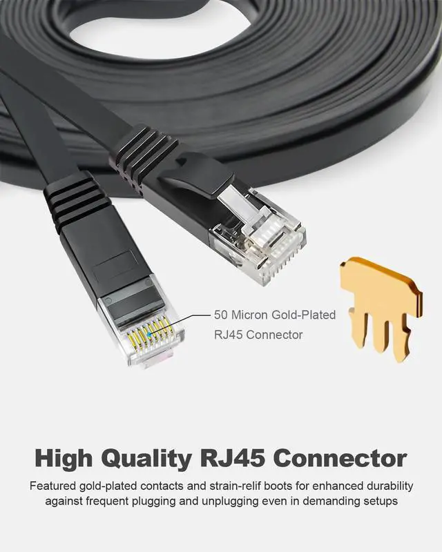 Alt view image 6 of 7 - CAT 6 Ethernet Cable 50ft Black, High Speed Solid Flat CAT6 Gigabit Internet Network LAN Patch Cords, Bare Copper Snagless RJ45 Connector for Modem, Router, Computer (50ft, Black)