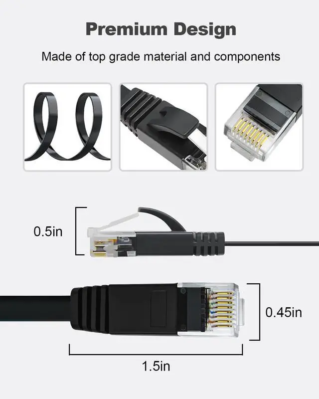 Alt view image 7 of 7 - CAT 6 Ethernet Cable 50ft Black, High Speed Solid Flat CAT6 Gigabit Internet Network LAN Patch Cords, Bare Copper Snagless RJ45 Connector for Modem, Router, Computer (50ft, Black)