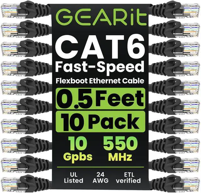 Main image of Cat 6 Ethernet Patch Cable 0.5 ft Black (10 Pack) - Cat6 Patch Cables 0.5 ft Black/Ethernet Patch Cable, 10Gbps 24AWG Pure Copper, Snagless RJ45 for Router, Switch, PC, PS5, Server