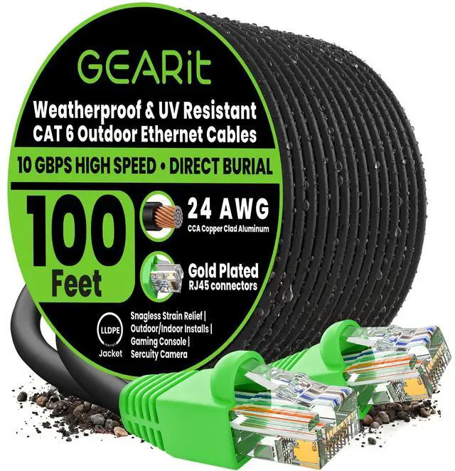 Main image of Cat6 Ethernet Cable 100ft, Direct Burial Outdoor Cat 6 Cable 24AWG High Speed Up to 10Gbps/550 MHz, LLDPE (PE) UV-Resistant Waterproof Jacket, CCA RJ45 Internet Cable for Router- Black,100FT