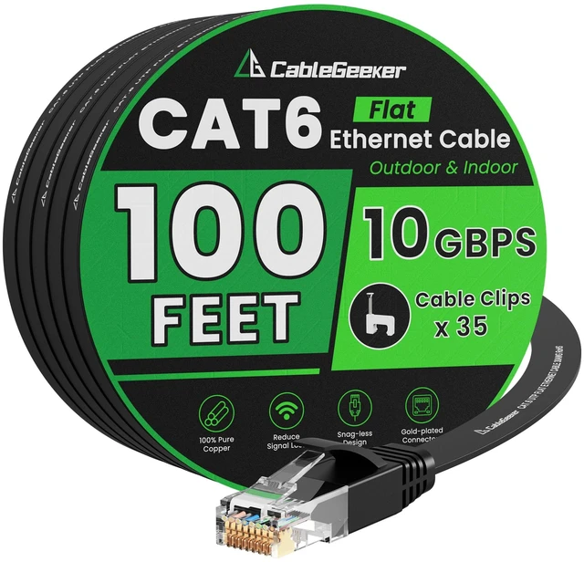 Main image of CableGeeker Cat 6 Flat Ethernet Cable 100ft, 10Gbps, Black | 30AWG OFC, 550MHz, Snagless Gold-Plated RJ45, Flat Low-Profile Design For Walls And Baseboards, Router & Gaming Use