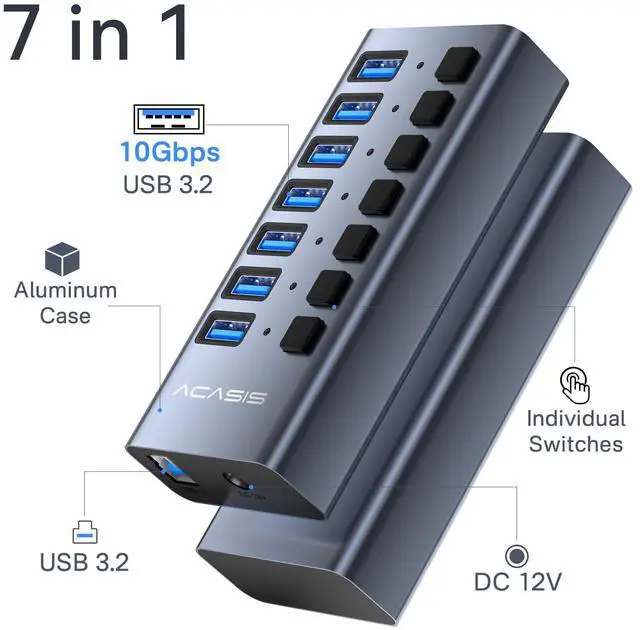 Alt view image 2 of 7 - Powered USB 3.2 Hub, 7 Ports USB 3.2 Hub with 10Gbps Data Speed, Aluminum Housing, USB Hub Powered with 24W Power Adapter, USB Hub for PC/Laptop, Computer, Flash Drive, Printer, Camera
