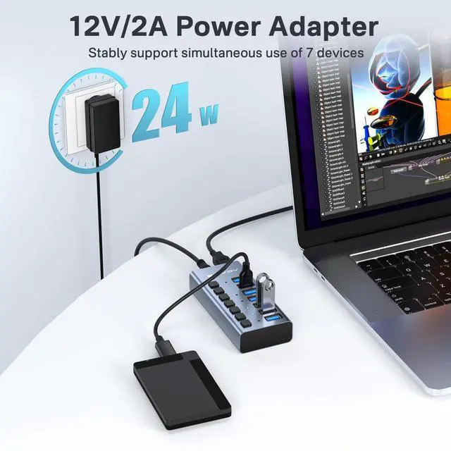 Alt view image 4 of 7 - Powered USB 3.2 Hub, 7 Ports USB 3.2 Hub with 10Gbps Data Speed, Aluminum Housing, USB Hub Powered with 24W Power Adapter, USB Hub for PC/Laptop, Computer, Flash Drive, Printer, Camera