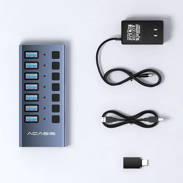 Alt view image 6 of 7 - Powered USB 3.2 Hub, 7 Ports USB 3.2 Hub with 10Gbps Data Speed, Aluminum Housing, USB Hub Powered with 24W Power Adapter, USB Hub for PC/Laptop, Computer, Flash Drive, Printer, Camera