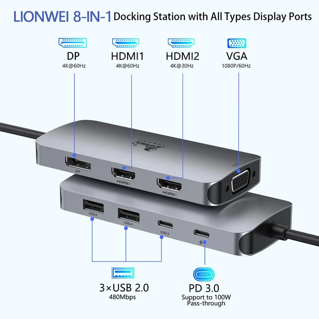 Alt view image 2 of 6 - USB C Docking Station Dual Monitor, Laptop Docking Station 3 Monitors Quadruple Display with Dual 4K HDMI, DP, VGA, 100W PD, 3 USB C/A 2.0, Laptop Dock for Dell, Lenovo, HP, Surface
