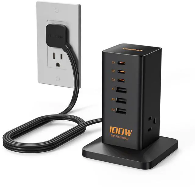 Main image of TESSAN 100W USB Charging Station for Multiple Devices 9-in-1 USB Charger | Desktop Accessories with 3 AC Outlet, 3 USB C, 3 USB A for iPhone 17/16/15, MacBook, Tablet, Home Drom Office, Black