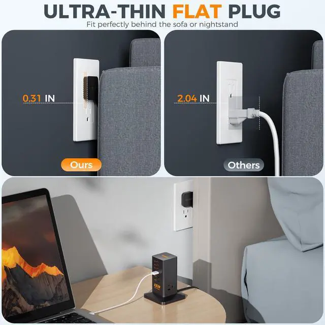 Alt view image 4 of 7 - TESSAN 100W USB Charging Station for Multiple Devices 9-in-1 USB Charger | Desktop Accessories with 3 AC Outlet, 3 USB C, 3 USB A for iPhone 17/16/15, MacBook, Tablet, Home Drom Office, Black