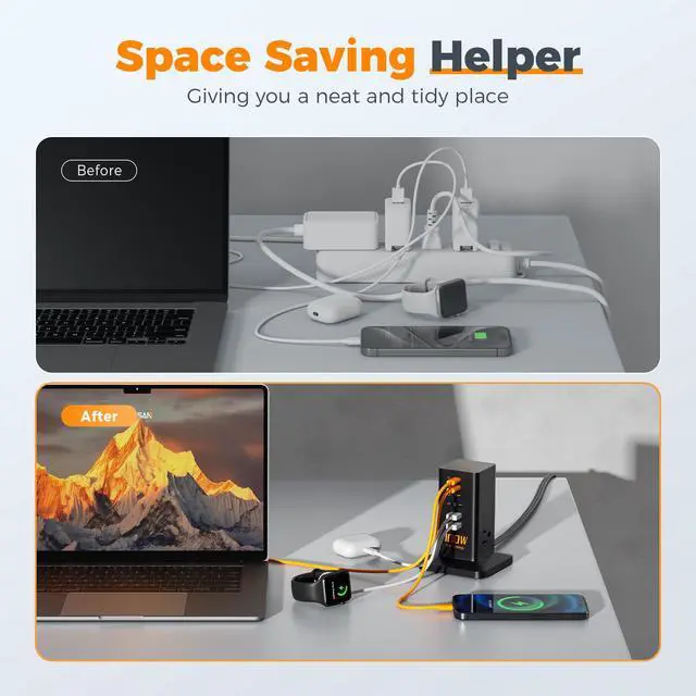 Alt view image 5 of 7 - TESSAN 100W USB Charging Station for Multiple Devices 9-in-1 USB Charger | Desktop Accessories with 3 AC Outlet, 3 USB C, 3 USB A for iPhone 17/16/15, MacBook, Tablet, Home Drom Office, Black