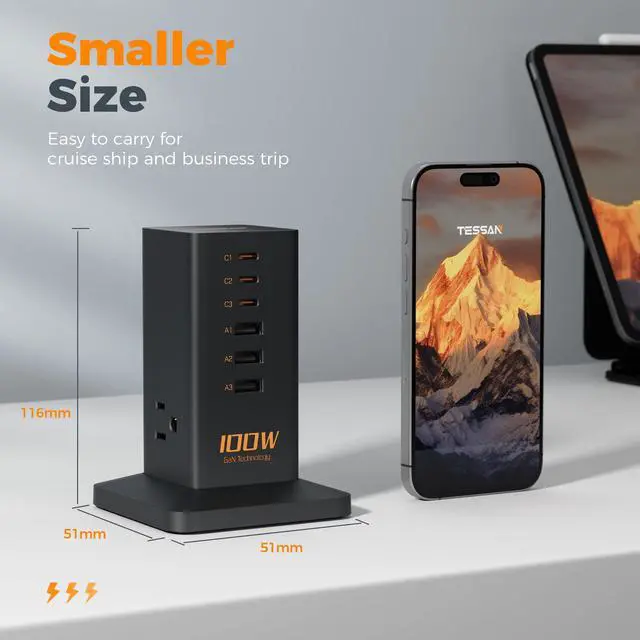Alt view image 7 of 7 - TESSAN 100W USB Charging Station for Multiple Devices 9-in-1 USB Charger | Desktop Accessories with 3 AC Outlet, 3 USB C, 3 USB A for iPhone 17/16/15, MacBook, Tablet, Home Drom Office, Black