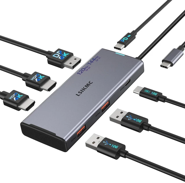 Main image of Docking Station 3 Monitors, 7 in 1 USB-C Docking Station with Dual HDMI 4K@60Hz & Single DisplayPort (8K@30Hz/ 4K@144Hz), 100W PD, 10Gbps 3X USB, USB C Hub Compatible with Dell/HP/Lenovo and More