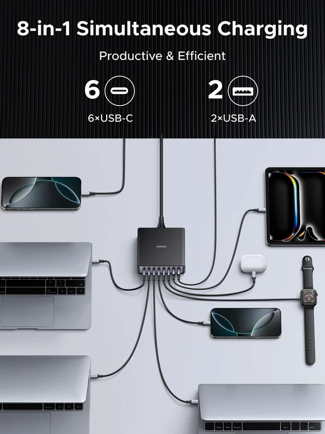 Alt view image 4 of 20 - UGREEN Nexode 200W GaN USB C Charging Station, 8-Port Desktop Charger with PD 100W for MacBook Pro 16"/Air, Dell XPS, iPad Pro, iPhone 17/16/15, Galaxy S25/S24, Pixel 10/9