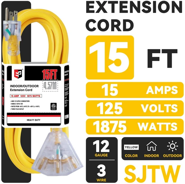 Alt view image 2 of 7 - 15 Ft Outdoor Extension Cord,12/3 SJTW,3 Electrical Power Outlets,Yellow | 12 Gauge Heavy Duty Lighted Power Cord 15A 125V 1875W,3 Outlet,WeatherproofETL Listed