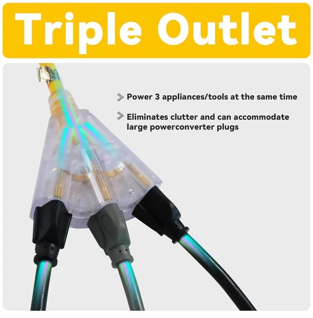 Alt view image 3 of 7 - 15 Ft Outdoor Extension Cord,12/3 SJTW,3 Electrical Power Outlets,Yellow | 12 Gauge Heavy Duty Lighted Power Cord 15A 125V 1875W,3 Outlet,WeatherproofETL Listed