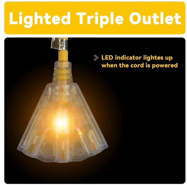 Alt view image 4 of 7 - 15 Ft Outdoor Extension Cord,12/3 SJTW,3 Electrical Power Outlets,Yellow | 12 Gauge Heavy Duty Lighted Power Cord 15A 125V 1875W,3 Outlet,WeatherproofETL Listed