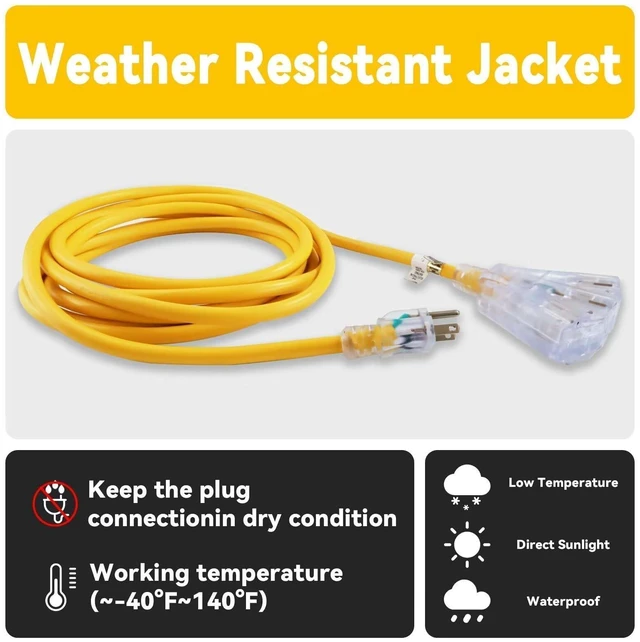 Alt view image 5 of 7 - 15 Ft Outdoor Extension Cord,12/3 SJTW,3 Electrical Power Outlets,Yellow | 12 Gauge Heavy Duty Lighted Power Cord 15A 125V 1875W,3 Outlet,WeatherproofETL Listed