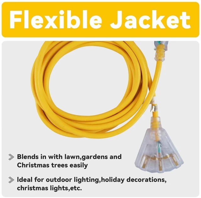 Alt view image 6 of 7 - 15 Ft Outdoor Extension Cord,12/3 SJTW,3 Electrical Power Outlets,Yellow | 12 Gauge Heavy Duty Lighted Power Cord 15A 125V 1875W,3 Outlet,WeatherproofETL Listed
