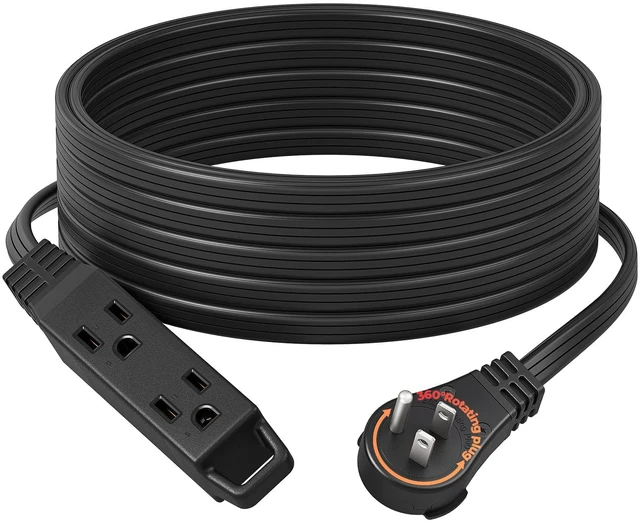 Main image of 25FT Flat Plug Extension Cord, 360° Rotating Plug, 16/3 3 Prong Ultra Thin Power Strip, 13A/125V/1625W, Grounded Flat Power Cable for Indoor Narrow Space, SPT-3, ETL Listed, Black