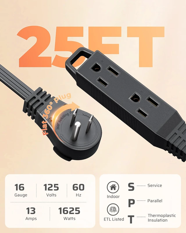 Alt view image 3 of 7 - 25FT Flat Plug Extension Cord, 360° Rotating Plug, 16/3 3 Prong Ultra Thin Power Strip, 13A/125V/1625W, Grounded Flat Power Cable for Indoor Narrow Space, SPT-3, ETL Listed, Black