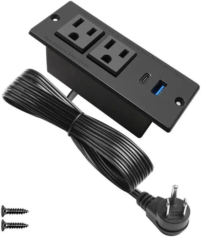 Main image of USB C Recessed Power Strip Fast Charge Desktop Power Station 2 Outlets 2 USB (PD20W & QC18W, Total 20W) Mountable Flat Plug Extension Cord Mount for Tabletop Sofa Cabinet Nightstand (USB C Black)