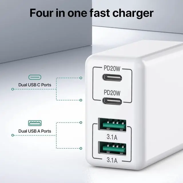 Alt view image 4 of 7 - USB C Wall Charger, 40W 4-Port USB C Charger Block, Fast Charging Block Dual Port PD+QC Wall Plug Multiport Type C for iPhone 16/1514/13/12/11/Pro Max/XS/XR/8/7, iPad, Samsung Phone, Tablet