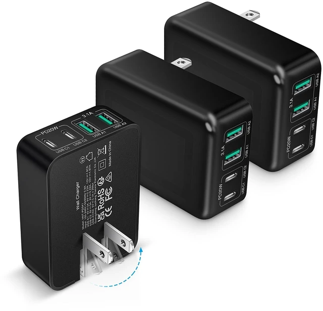 Main image of 3-Pack USB C Fast Charger Block, 40W 4-Port Flat USB C Wall Charger | Foldable Type C Charger PD3.0 Power Adapter Multipor Flat USB Wall Plug Brick for iPhone 17/16/15/14, Samsung Galaxy, Tablet