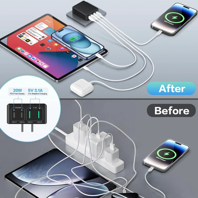 Alt view image 6 of 14 - 3-Pack USB C Fast Charger Block, 40W 4-Port Flat USB C Wall Charger | Foldable Type C Charger PD3.0 Power Adapter Multipor Flat USB Wall Plug Brick for iPhone 17/16/15/14, Samsung Galaxy, Tablet