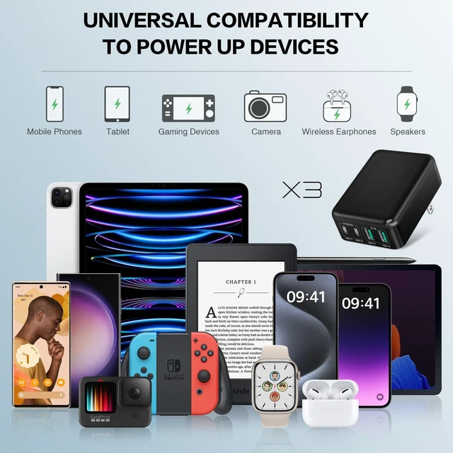 Alt view image 7 of 14 - 3-Pack USB C Fast Charger Block, 40W 4-Port Flat USB C Wall Charger | Foldable Type C Charger PD3.0 Power Adapter Multipor Flat USB Wall Plug Brick for iPhone 17/16/15/14, Samsung Galaxy, Tablet