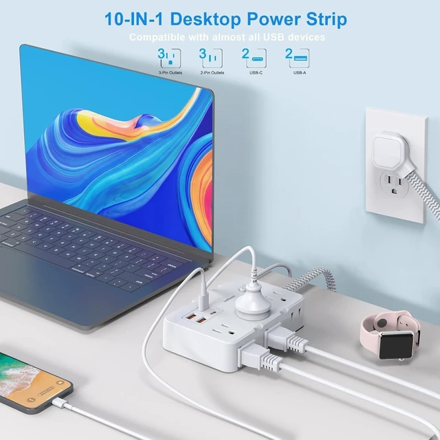 Alt view image 2 of 7 - Surge Protector Power Strip, 15 Ft Cord Ultra Thin Flat Extension Cord with 6 Outlets 4 USB Ports(2 USB C), 1050J Flat Plug Power Strip for College Dorm Room Essentials