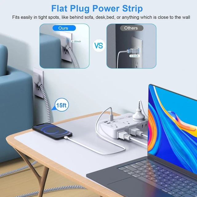 Alt view image 4 of 7 - Surge Protector Power Strip, 15 Ft Cord Ultra Thin Flat Extension Cord with 6 Outlets 4 USB Ports(2 USB C), 1050J Flat Plug Power Strip for College Dorm Room Essentials