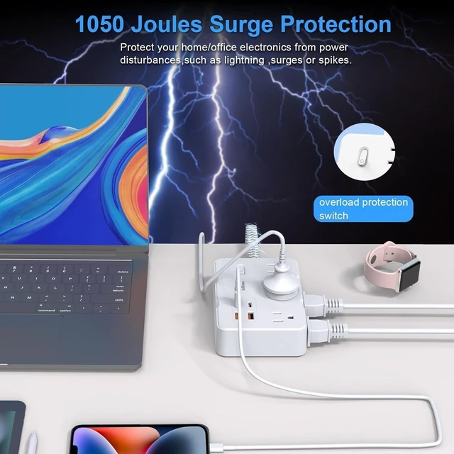Alt view image 5 of 7 - Surge Protector Power Strip, 15 Ft Cord Ultra Thin Flat Extension Cord with 6 Outlets 4 USB Ports(2 USB C), 1050J Flat Plug Power Strip for College Dorm Room Essentials