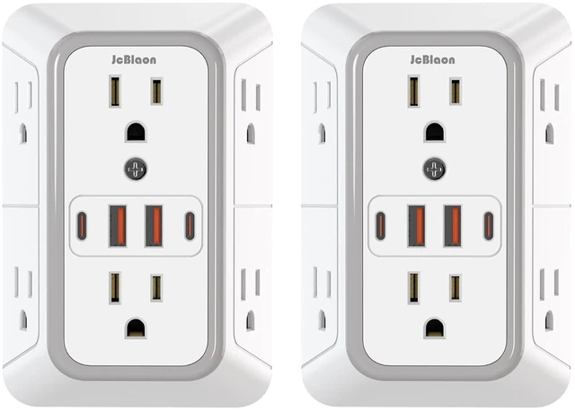 Main image of 2 Pack Outlet Extender Surge Protector, 6 Outlet Splitter with 4 USB Outlet (2 USB A,2 USB C), 3Sided Power Strip with Adapter Spaced Outlets for Home, Office, Travel(White)-ETL