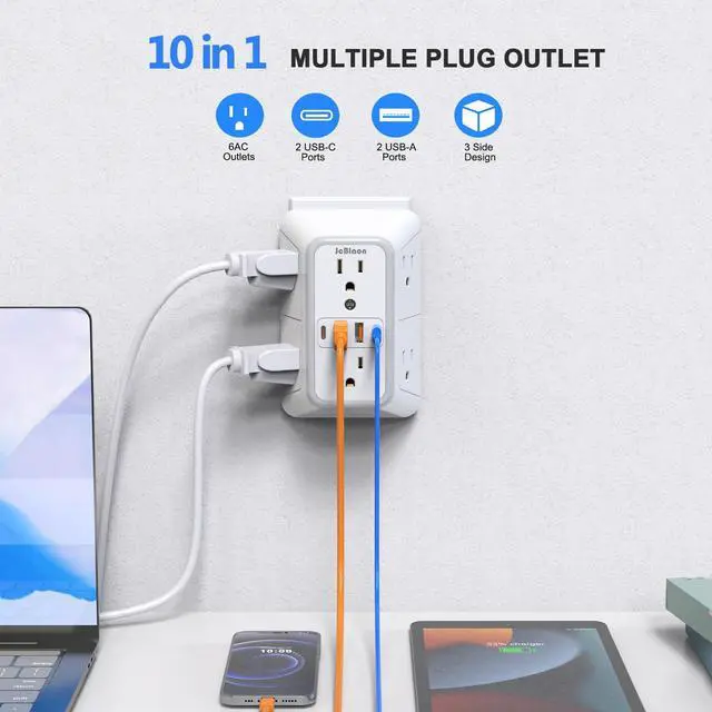 Alt view image 2 of 7 - 2 Pack Wall Outlet Extender, 6 Outlet Splitter with 4 USB Ports (2 USB C), 3 Sided 1050J Multi Plug with Surge Protector for Home Office Kitchen Travel-ETL