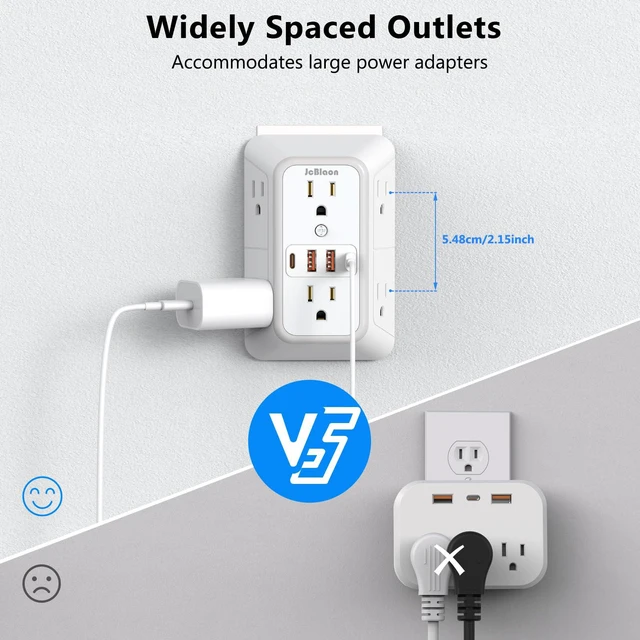 Alt view image 5 of 7 - 2 Pack Outlet Extender Surge Protector, 6 Outlet Splitter with 4 USB Outlet (2 USB A,2 USB C), 3Sided Power Strip with Adapter Spaced Outlets for Home, Office, Travel(White)-ETL