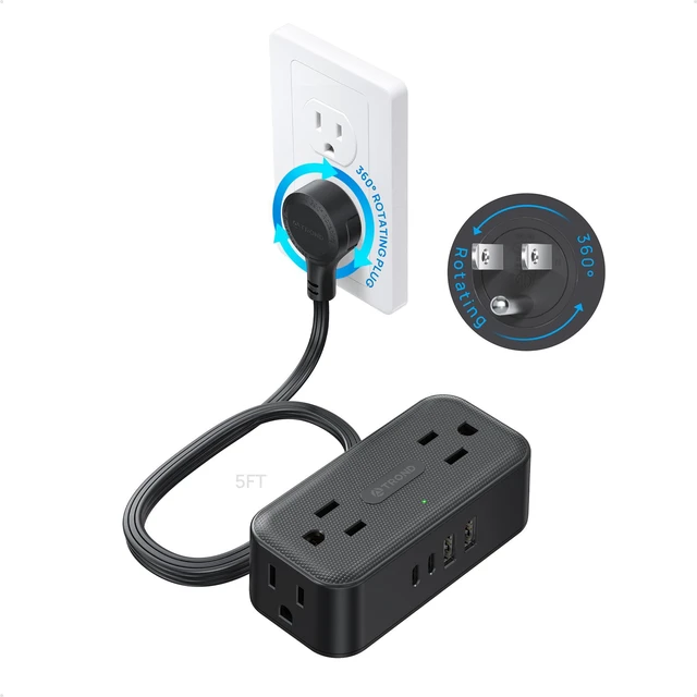 Main image of 360° Rotating Flat Plug Power Strip 5ft, 4 Widely AC Outlets, Black Flat Extension Cord 4 USB Ports (2 USB C), 10A/1250W, Wall Mount, 900J Surge Protector for Office Travel Dorm Room Essentials