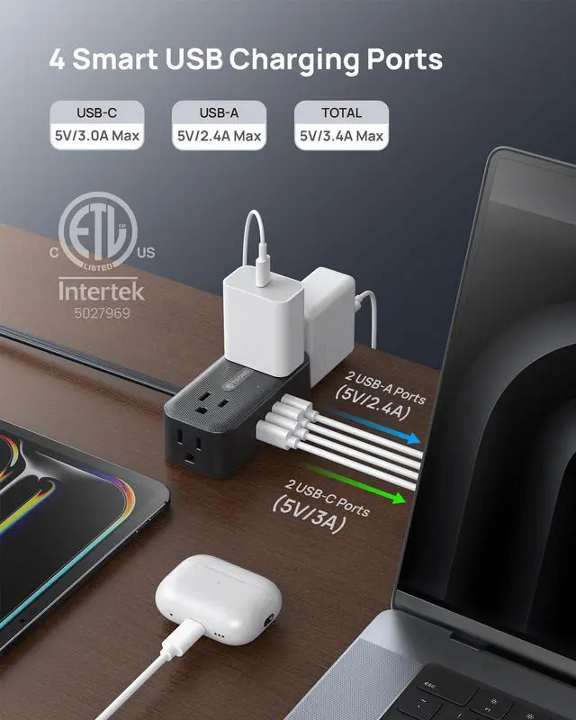 Alt view image 2 of 7 - 360° Rotating Flat Plug Power Strip, 3FT Extension Cord with 4 USB Ports, 4 Wide Spaced AC Outlets, Wall Mount, 900J Surge Protector for Office Travel Dorm Room Essentials, Black