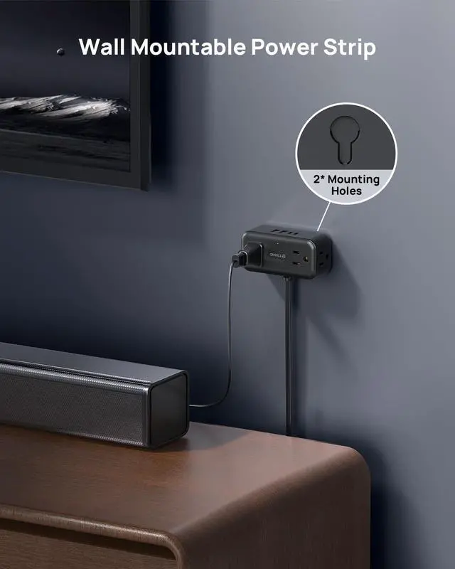 Alt view image 7 of 7 - 360° Rotating Flat Plug Power Strip, 3FT Extension Cord with 4 USB Ports, 4 Wide Spaced AC Outlets, Wall Mount, 900J Surge Protector for Office Travel Dorm Room Essentials, Black