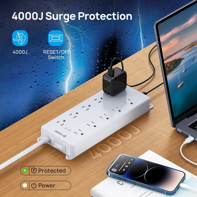Alt view image 4 of 7 - Power Strip Surge Protector 10ft, 4000J, ETL Listed | 10 Widely Spaced Outlets, 2 USB A & 2 USB C Ports, Flat Plug Power Strip, Wall Mountable, for Home Office Garage, White