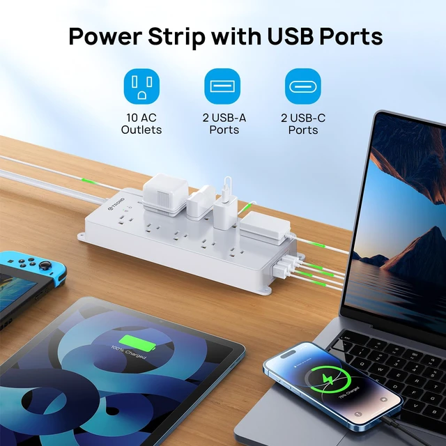 Alt view image 7 of 7 - Power Strip Surge Protector 10ft, 4000J, ETL Listed | 10 Widely Spaced Outlets, 2 USB A & 2 USB C Ports, Flat Plug Power Strip, Wall Mountable, for Home Office Garage, White