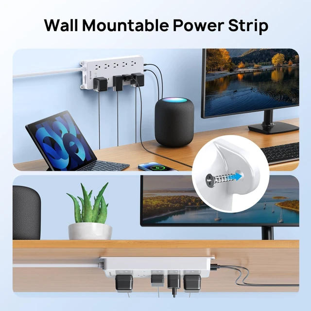Alt view image 6 of 7 - Power Strip Surge Protector 10ft, 4000J, ETL Listed | 10 Widely Spaced Outlets, 2 USB A & 2 USB C Ports, Flat Plug Power Strip, Wall Mountable, for Home Office Garage, White