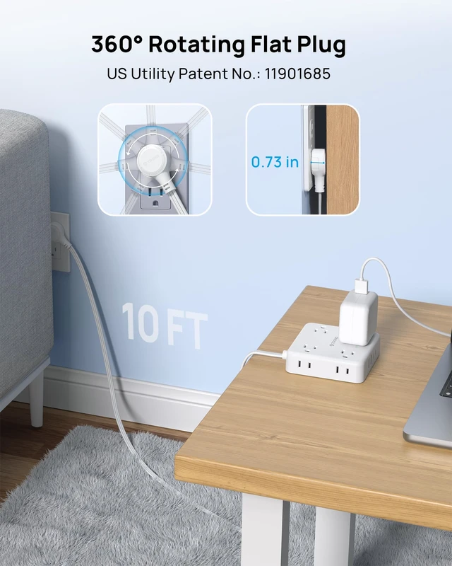 Alt view image 2 of 7 - 360° Rotating Flat Plug Power Strip 10ft, 8 AC & 4 USB (2U2C), White Flat Extension Cord 1625W, 1440J Surge Protector with USB Ports, Wall Mountable, for Home Office Dorm Room Essentials