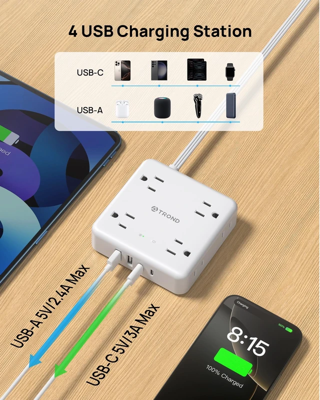Alt view image 4 of 7 - 360° Rotating Flat Plug Power Strip 10ft, 8 AC & 4 USB (2U2C), White Flat Extension Cord 1625W, 1440J Surge Protector with USB Ports, Wall Mountable, for Home Office Dorm Room Essentials