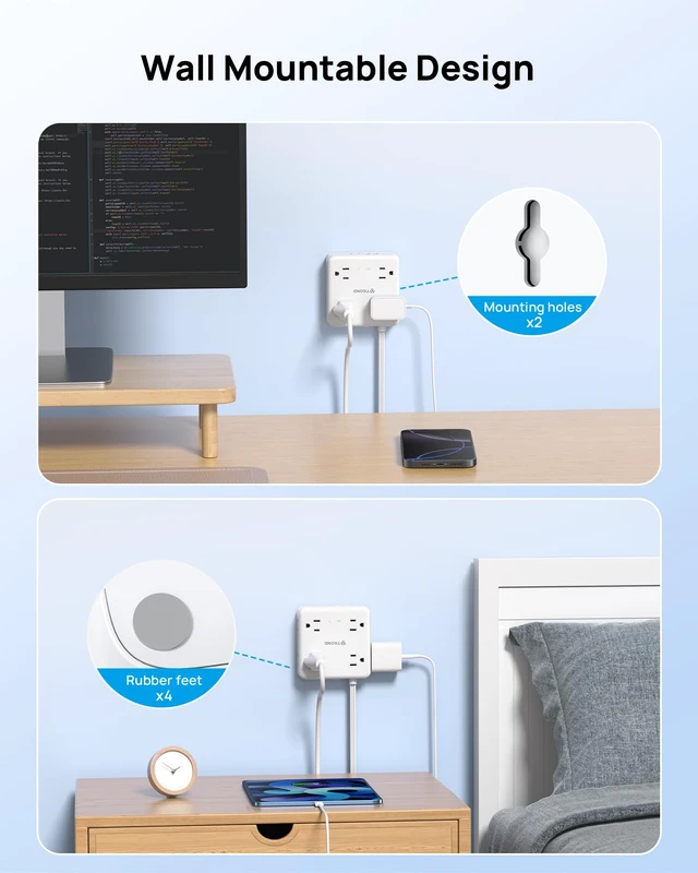 Alt view image 5 of 7 - 360° Rotating Flat Plug Power Strip 10ft, 8 AC & 4 USB (2U2C), White Flat Extension Cord 1625W, 1440J Surge Protector with USB Ports, Wall Mountable, for Home Office Dorm Room Essentials