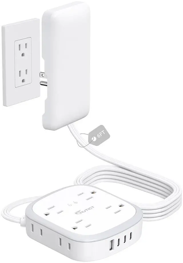 Main image of Outlet Cover Extension Cord, Flat Plug Power Strip 6ft, 8 Outlets (4-2Pin)& 4 USB Ports (3 USB C), 13A/1625W, 1440J Surge Protector, Wall Mountable, Ideal for Home Improvement, Tight Spaces