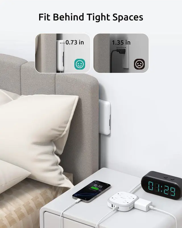 Alt view image 3 of 7 - Outlet Cover Extension Cord, Flat Plug Power Strip 6ft, 8 Outlets (4-2Pin)& 4 USB Ports (3 USB C), 13A/1625W, 1440J Surge Protector, Wall Mountable, Ideal for Home Improvement, Tight Spaces