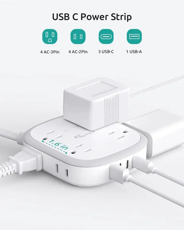 Alt view image 4 of 7 - Outlet Cover Extension Cord, Flat Plug Power Strip 6ft, 8 Outlets (4-2Pin)& 4 USB Ports (3 USB C), 13A/1625W, 1440J Surge Protector, Wall Mountable, Ideal for Home Improvement, Tight Spaces