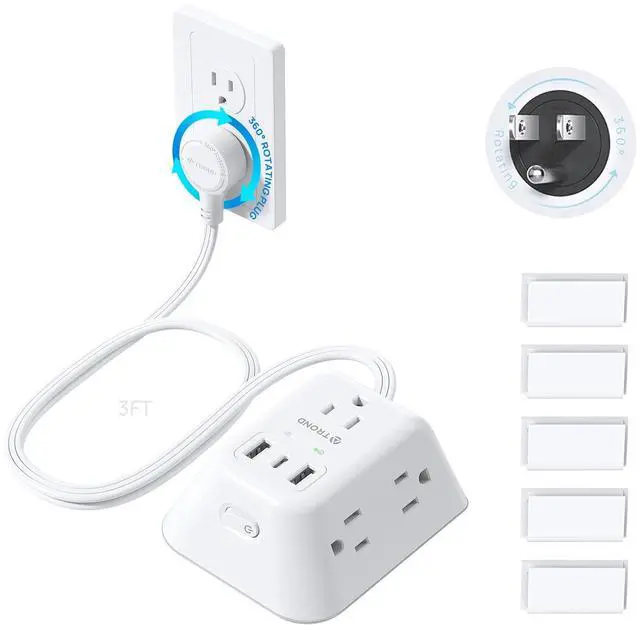 Main image of 360 Rotating Plug Power Strip - Extension Cord with Multiple Outlets | 3 FT Surge Protector 5 Outlets with 3 USB Ports, 1440J, Wall Mount Power Strip for Bedroom Kitchen Office Dorm Room, White