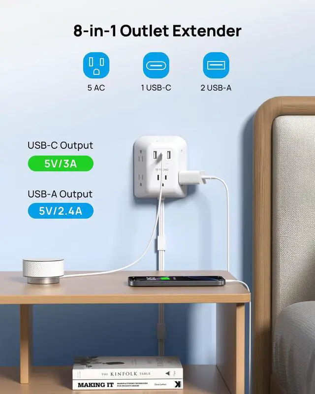 Alt view image 4 of 7 - 360 Rotating Plug Power Strip - Extension Cord with Multiple Outlets | 3 FT Surge Protector 5 Outlets with 3 USB Ports, 1440J, Wall Mount Power Strip for Bedroom Kitchen Office Dorm Room, White