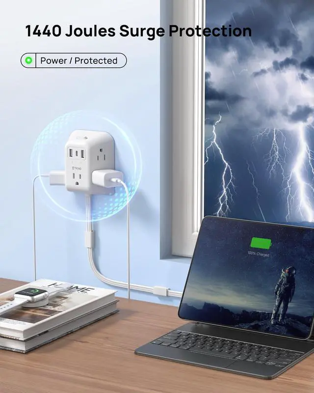 Alt view image 3 of 7 - 360 Rotating Plug Power Strip - Extension Cord with Multiple Outlets | 3 FT Surge Protector 5 Outlets with 3 USB Ports, 1440J, Wall Mount Power Strip for Bedroom Kitchen Office Dorm Room, White