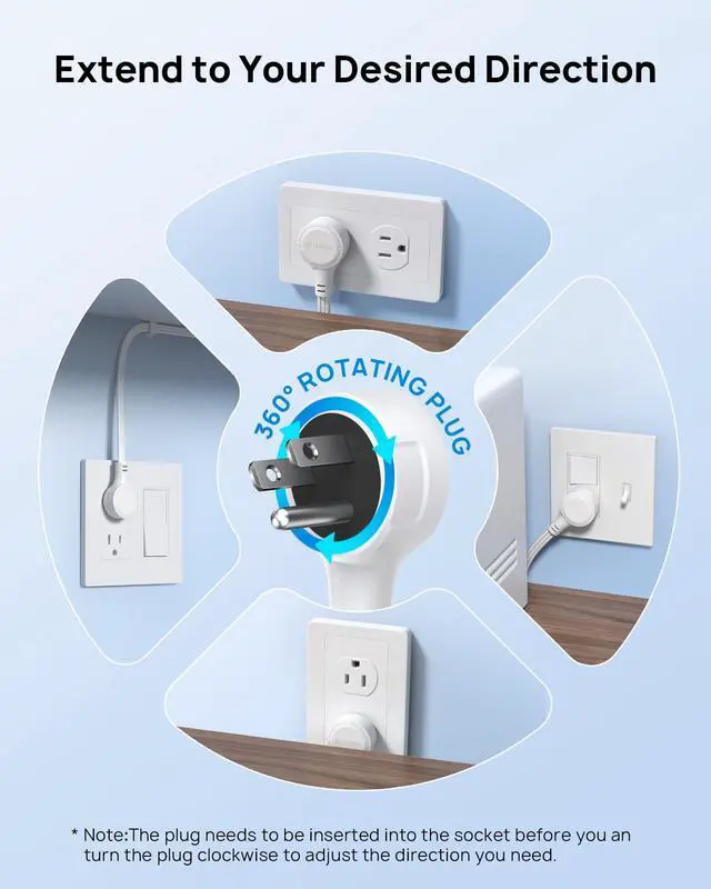 Alt view image 2 of 7 - 360 Rotating Plug Power Strip - Extension Cord with Multiple Outlets | 3 FT Surge Protector 5 Outlets with 3 USB Ports, 1440J, Wall Mount Power Strip for Bedroom Kitchen Office Dorm Room, White